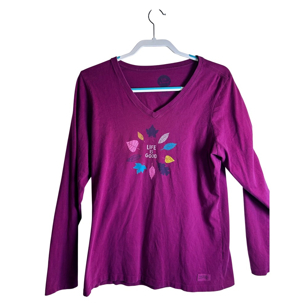 Life is Good Crusher Tee Large Purple Leaf Graphic Long Sleeve V-Neck Womens